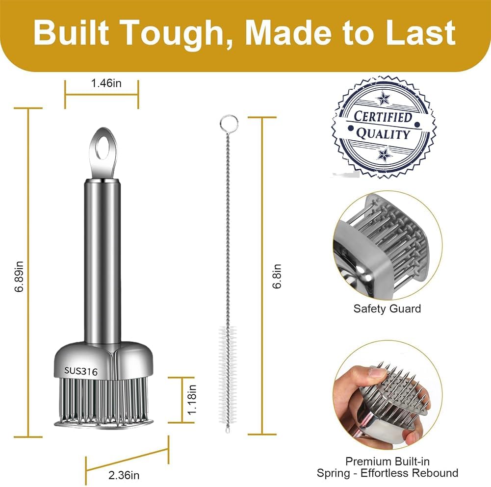 Upgraded 316 Stainless Steel Meat Tenderizer Tool, with 28 Needles & Retractable Safety Guard, for Tenderizing Beef, Turkey, Chicken, Steak, Dishwasher Safe (2PC)