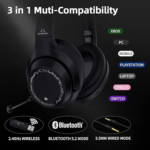 Miniatura 5 de SoundMAGIC P60BT GM Performance - Auriculares inalámbricos para juegos, sonido envolvente de 2.4 GHz, USBBluetooth, 50 horas de duración, menor