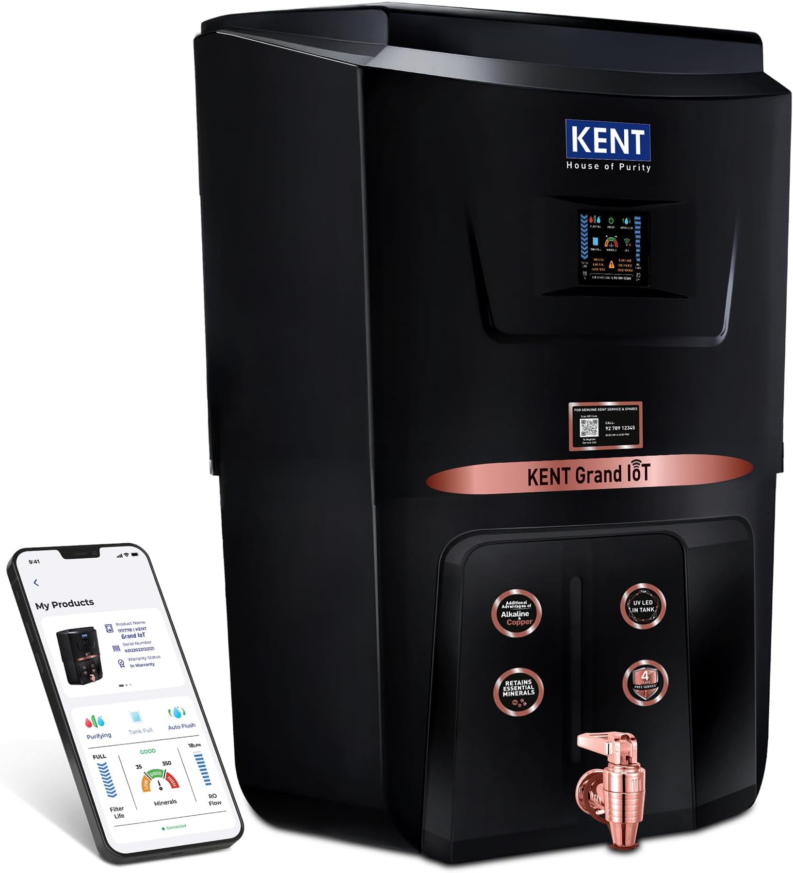 KENT Grand IoT RO Water Purifier| 4 Years Free Service*| RO+UV+UF+Alk+Cu+TDS Control+UV in Tank | IoT Enabled | Fully Automatic On&OFF Operation |8L|20 LP/Hr|Ideal For Borewell/Tanker/Municipal Water