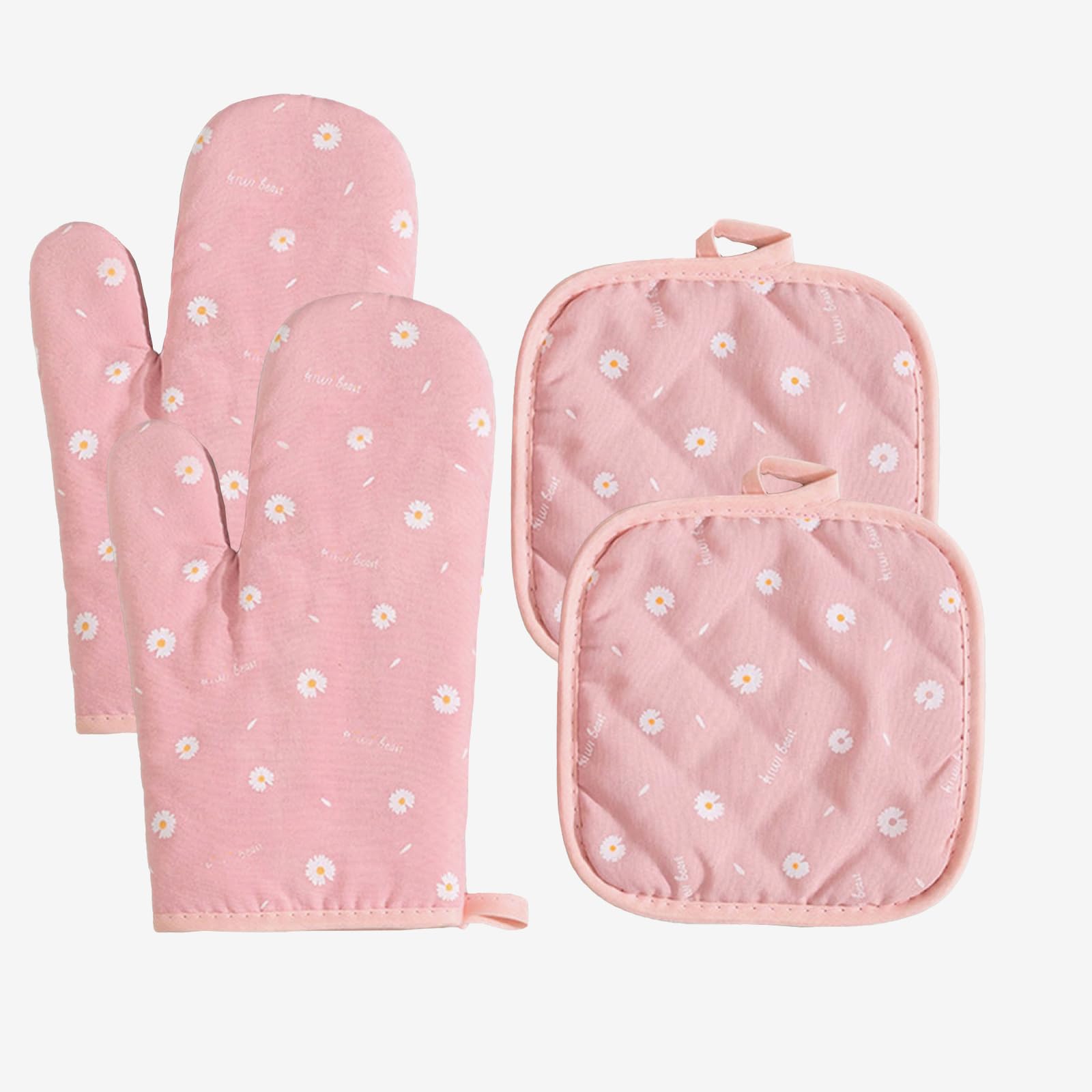 Pink Oven Gloves Set of 4 - Heat Resistant Oven Mitts & Potholders, 180°C Kitchen Gloves with Hanging Loop, Cute Pink Daisy Kitchen Accessories for Cooking & Baking
