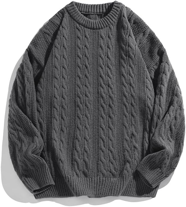 POHADON Mens Vintage Cable Knit Sweater Vintage Chunky Crewneck Long Sleeve Oversized Pullover 2026 Fall Winter Sweatshirts