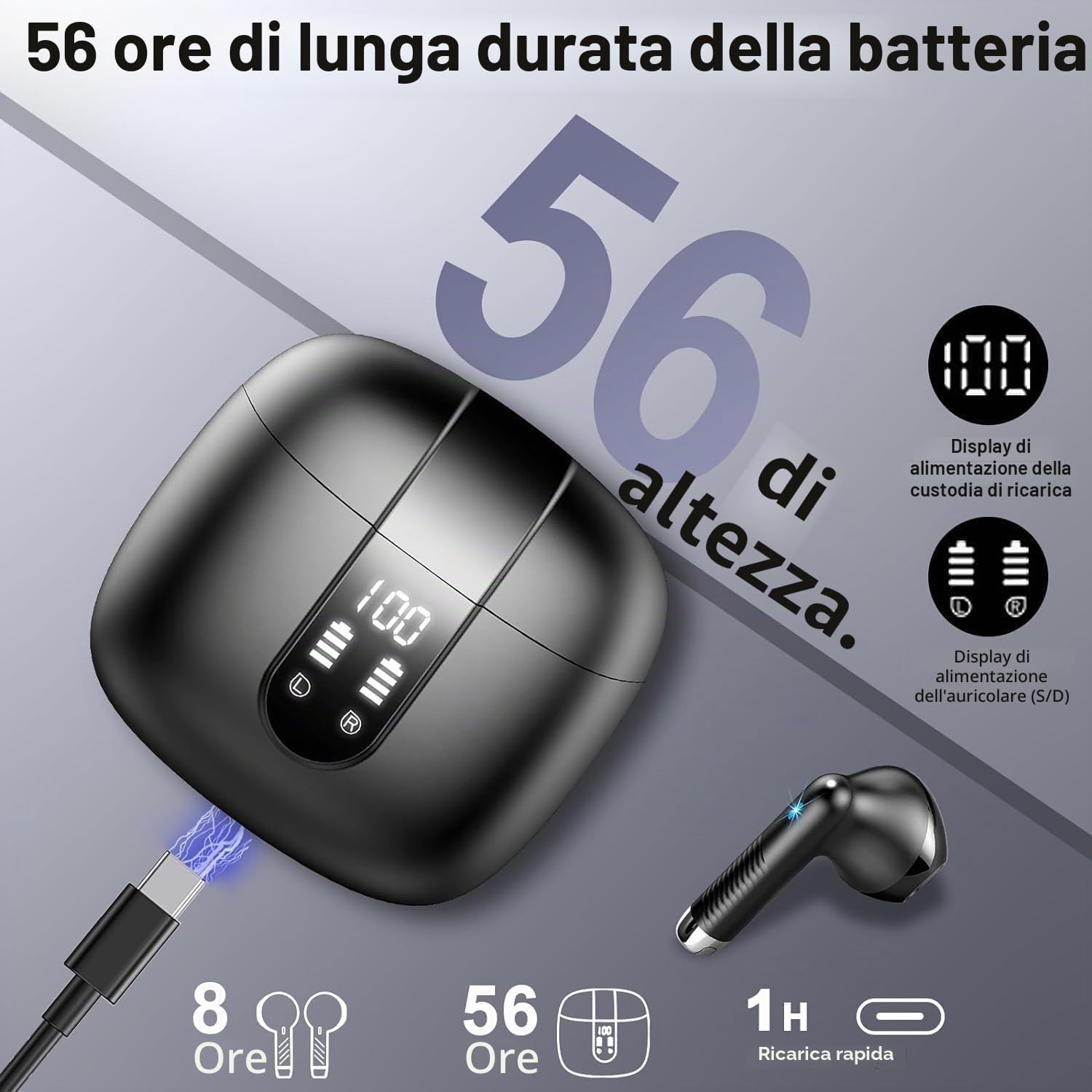 Cuffie Bluetooth 5.4, 2026 Auricolari Bluetooth 56Ore 6D Stereo Cuffie Wireless In Ear con 4 ENC Mic, Cuffie Senza Fili Cancellazione Rumore Cuffiette Sport IP7 Impermeabili Headphones per iOS/Android