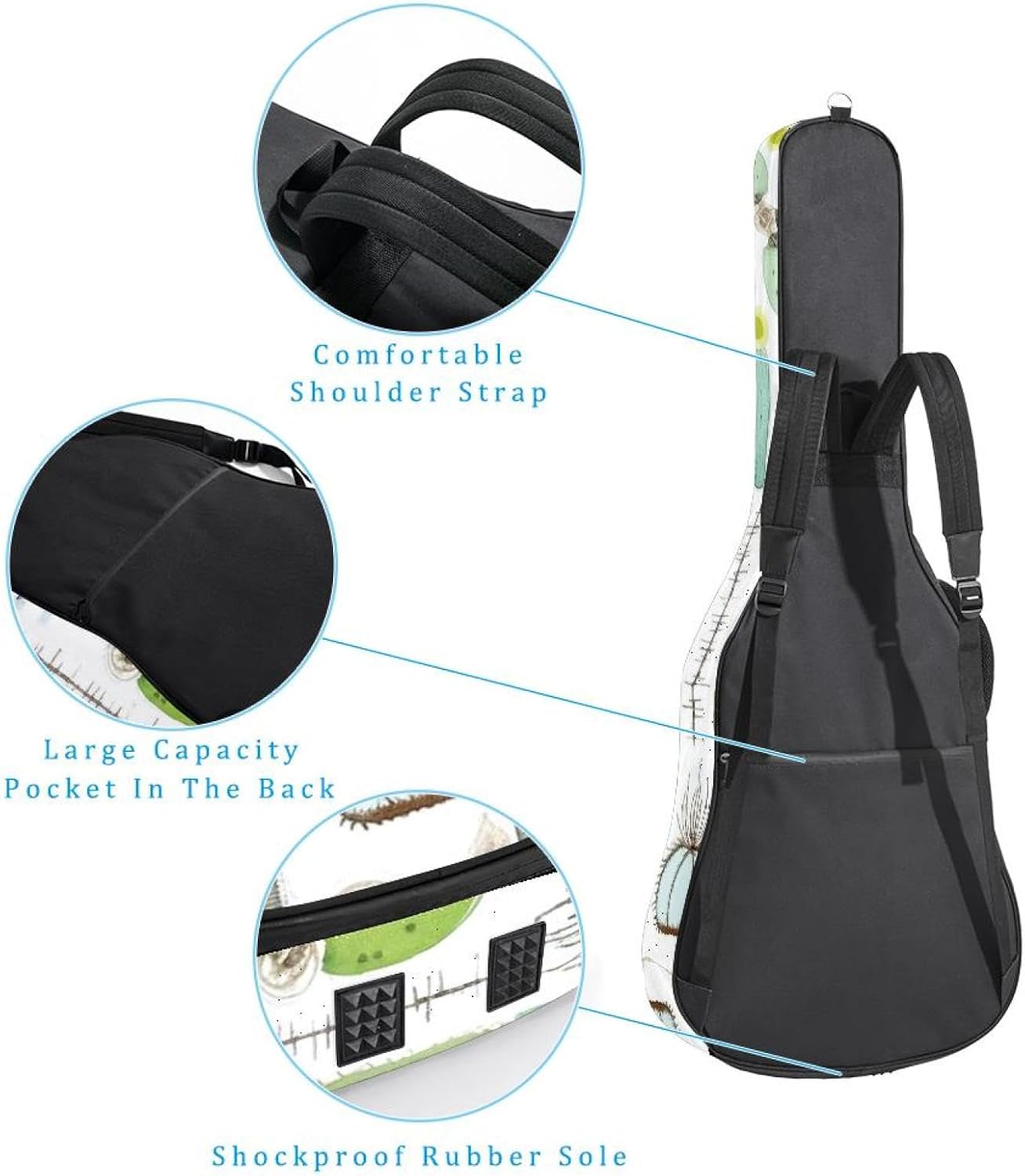 Artistic Cactus Guitar Bag 40 41 42 In 2 Pockets Guitar Case Waterproof Guitar Case Resistent Oxford Cloth 0.4 In Extra Thick Sponge Padded for Acoustic Guitar