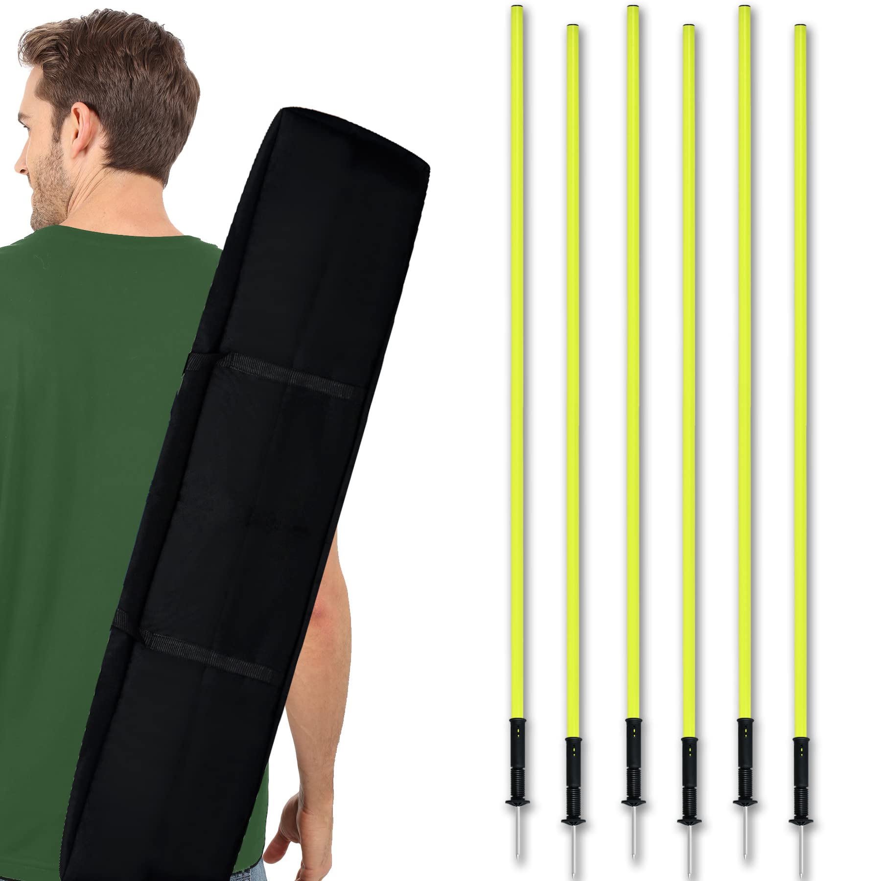 SUBTLETY Lot de 6 Piquets de Slalom 150cm Tiges d'agilité Haies avec Joint à Ressort & Pointes en Acier & Sac de Transport Barres de Saut Équipement Agilité d'obstacles pour Football d'entraînement