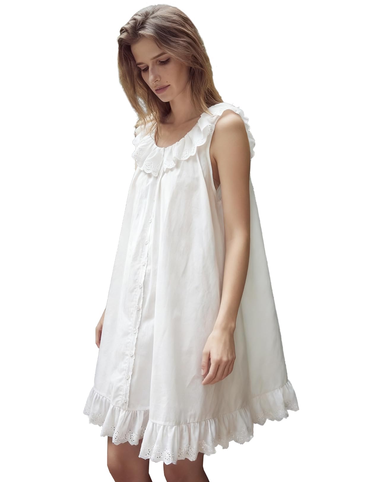 BEAUTELICATE Camicia da Notte Donna Cotone Senza Maniche Nightgown con Scollo Tondo Estiva Vittoriana Abito da Notte Avorio