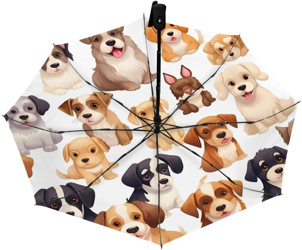 Cute Animal Puppy Pattern Folding Umbrella Windproof Compact Lightweight Travel Umbrella with 8 Reinforced Ribs, Portable UV Sun & Rain Protection for Men & Women