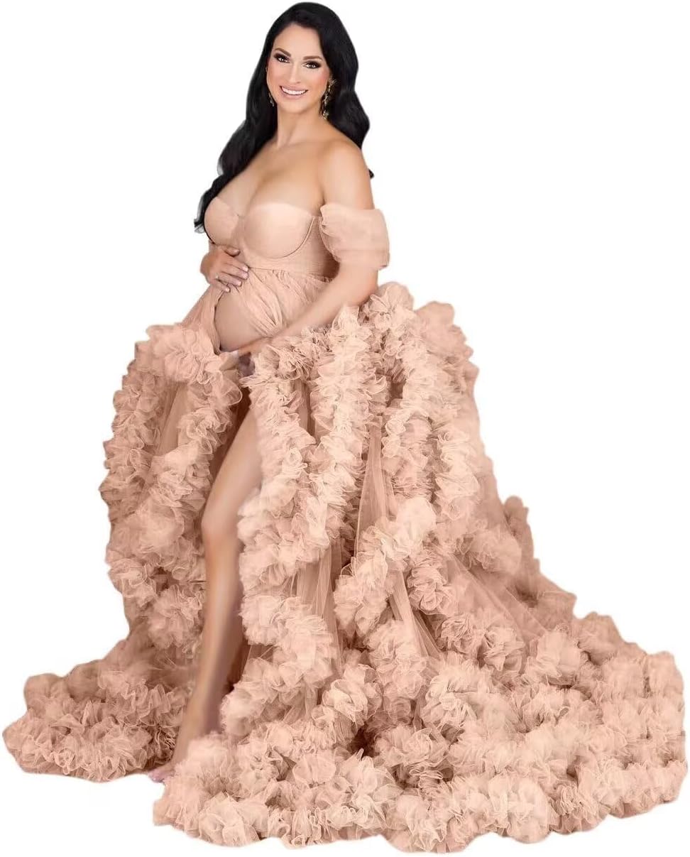Tulle Off Shoulder Maternity Dresses for Photoshoot Puffy Ruffles Babyshower Gown Long for Women 2026