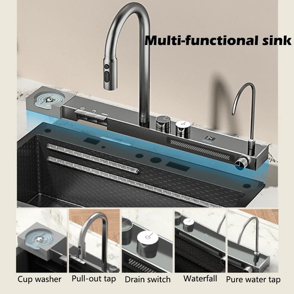 Kitchen Sink Single Bowl Sink Flying Rain Waterfall Sink Household Sink,Workstation Kitchen Sink Domestic Sink Set,Integrated Sink with Pull-Out Tap,Drain basket,Cup Washer (75×46×22cm)
