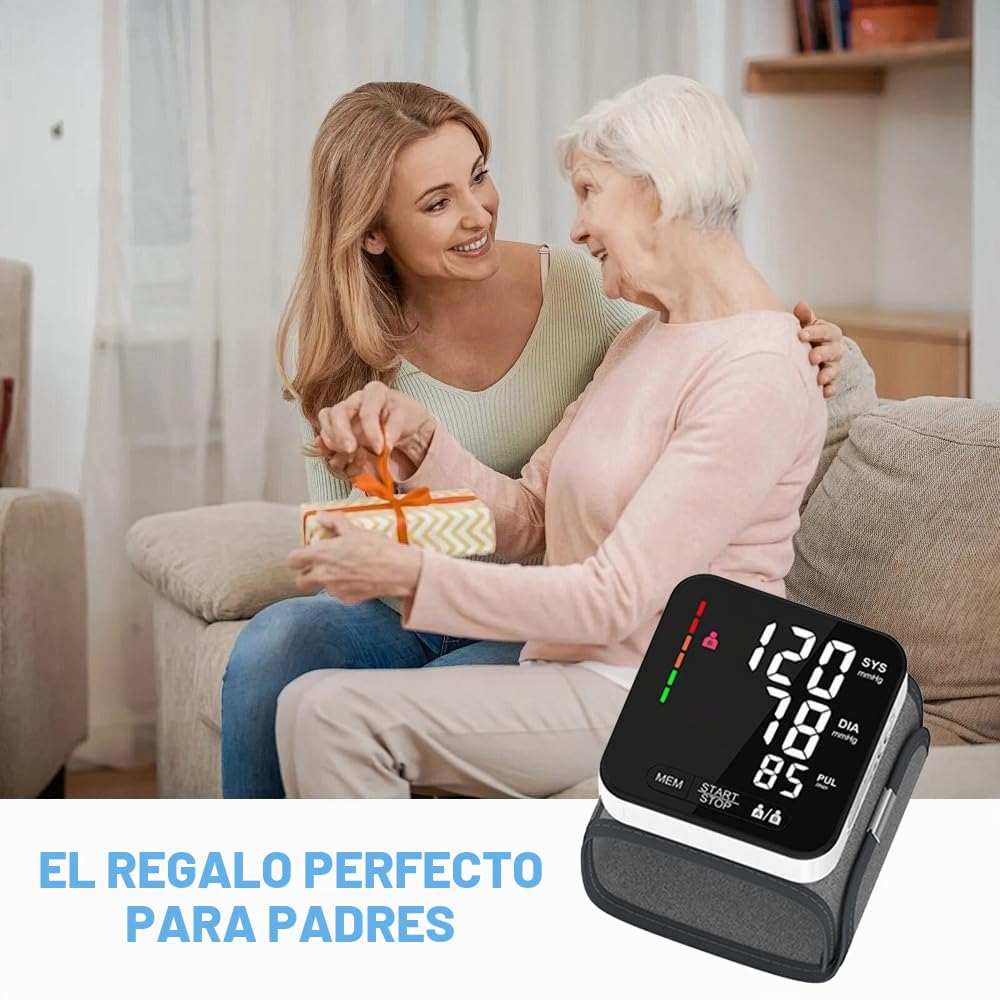 Tensiómetro de muñeca con detección de arritmia, medición de presión arterial y pulso totalmente automática, indicador de riesgo colorido, 2 × 99 memorias, para muñecas de 13,5 – 21,5 cm
