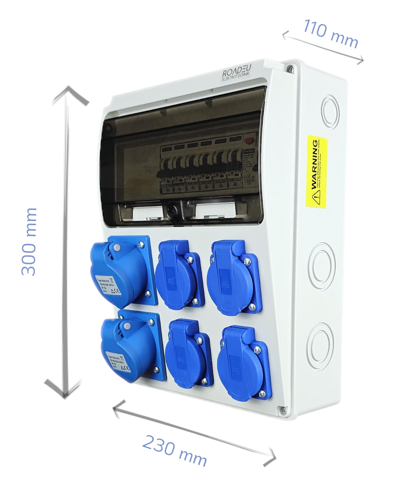 RoadEu - Distribuidor de corriente de 230V. Monofásico, 2 enchufes CEE 16A 3P y 4 enchufes Schuko con fusibles automáticos. Distribuidor de enchufes con interruptor diferencial y disyuntor.