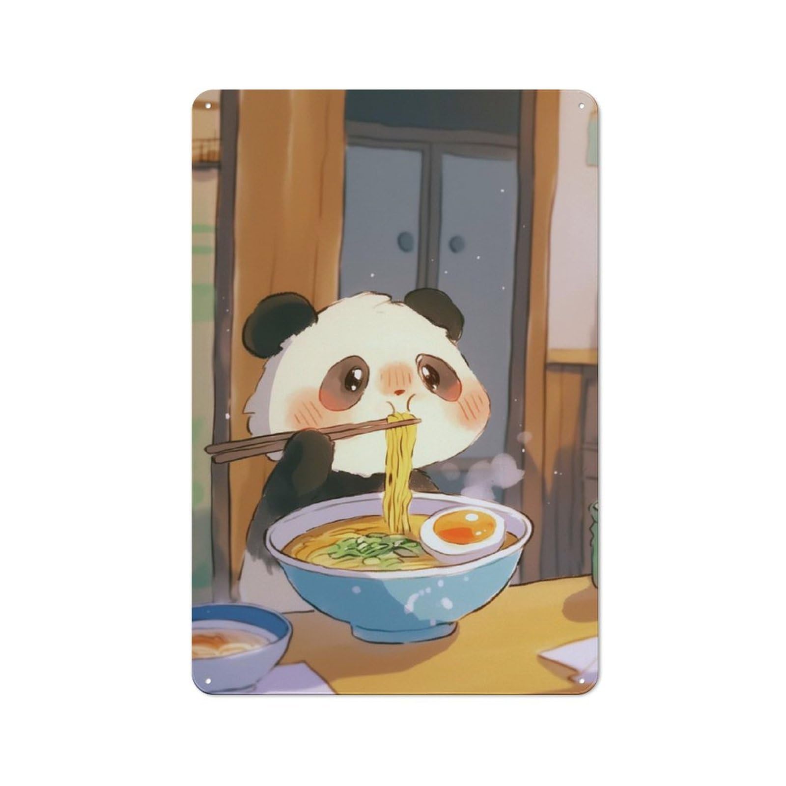 Junmoney Style-19 30X20cm Rustic Tin Sign With Cute Panda Eating Ramen - Japanese Food For Dining Room Or Kitchen, A Decorative Metal Sign For Kitchens And Dining Spaces
