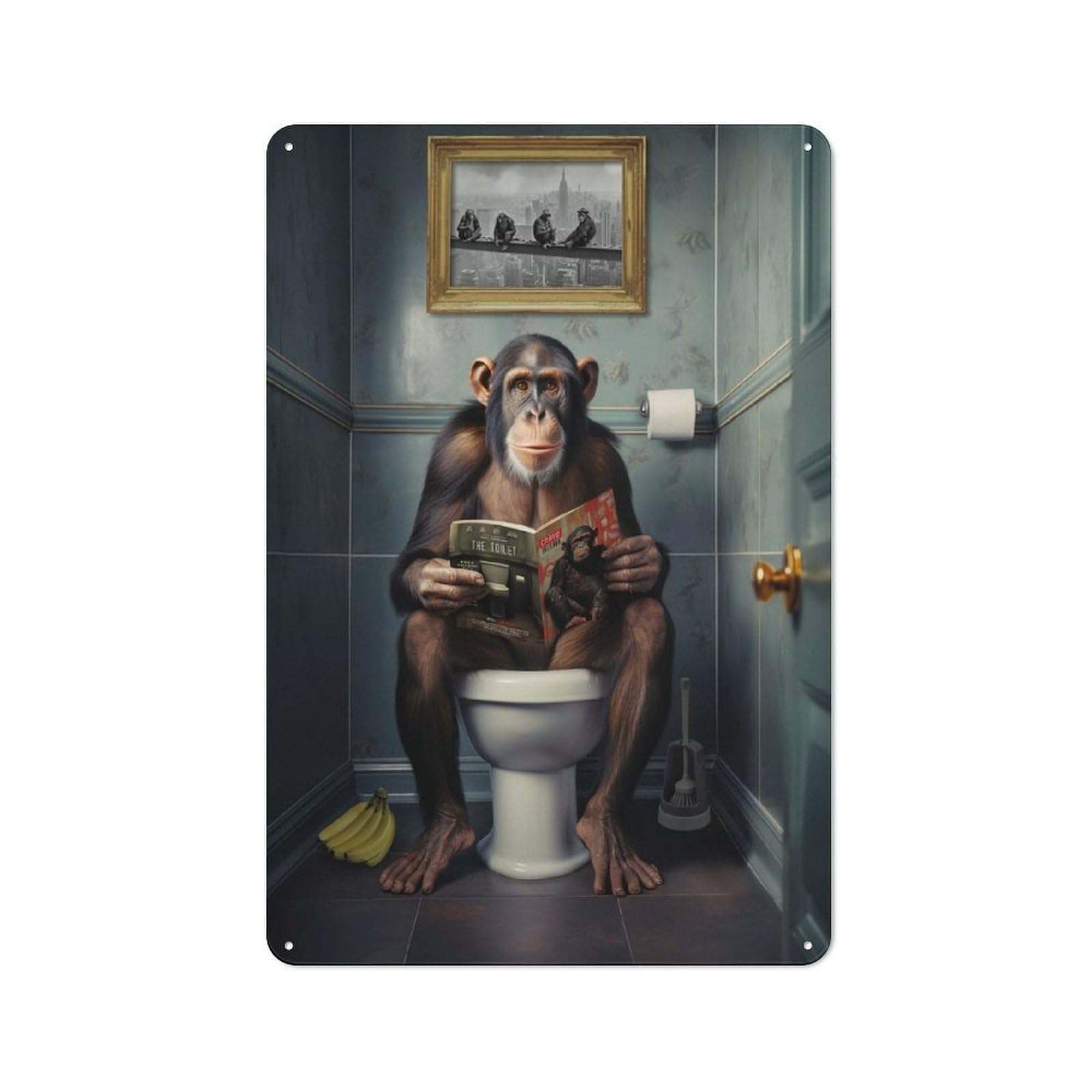 Monkey on The Toilet Retro Tin Wall Plaque 30x20cm for Hobby Room Or Studio, for Garage, Workshop And Man Cave Decoration