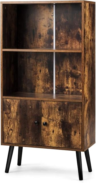 CASART Industrial Bookcase, Free Standing Storage Cabinet Cupboard with 2 Doors, Book Shelf Display Rack for Living Room, Bedroom and Office