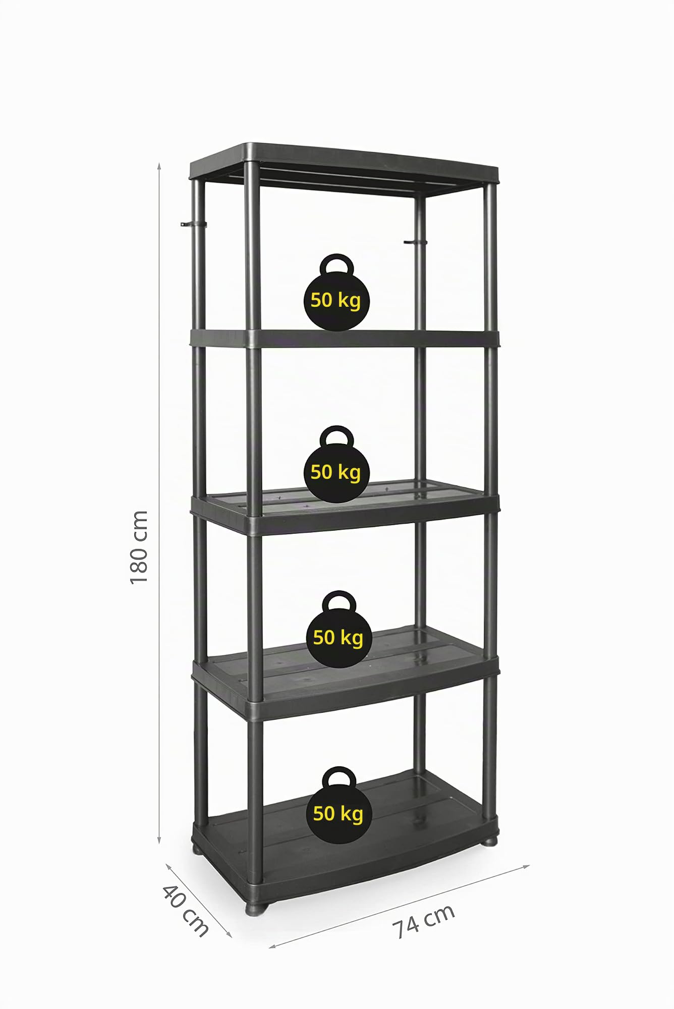 DRABEST - Estante de plástico - con 5 estantes - 180 cm de Alto, 74 cm de Ancho - de plástico Resistente - para sótano, Garaje, trastero, jardín - hasta 50 kg/Estante - Estante enchufable - Negro