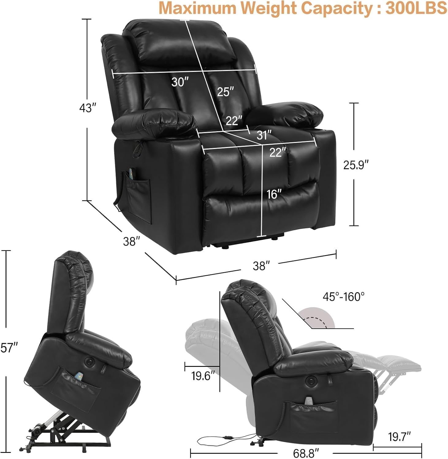 PU Leather Power Lift Recliner Chair for Elderly with Massage and Heat Electric Lift Chair for Living Room Comfort Senior Recliner Sofa with Remote Control