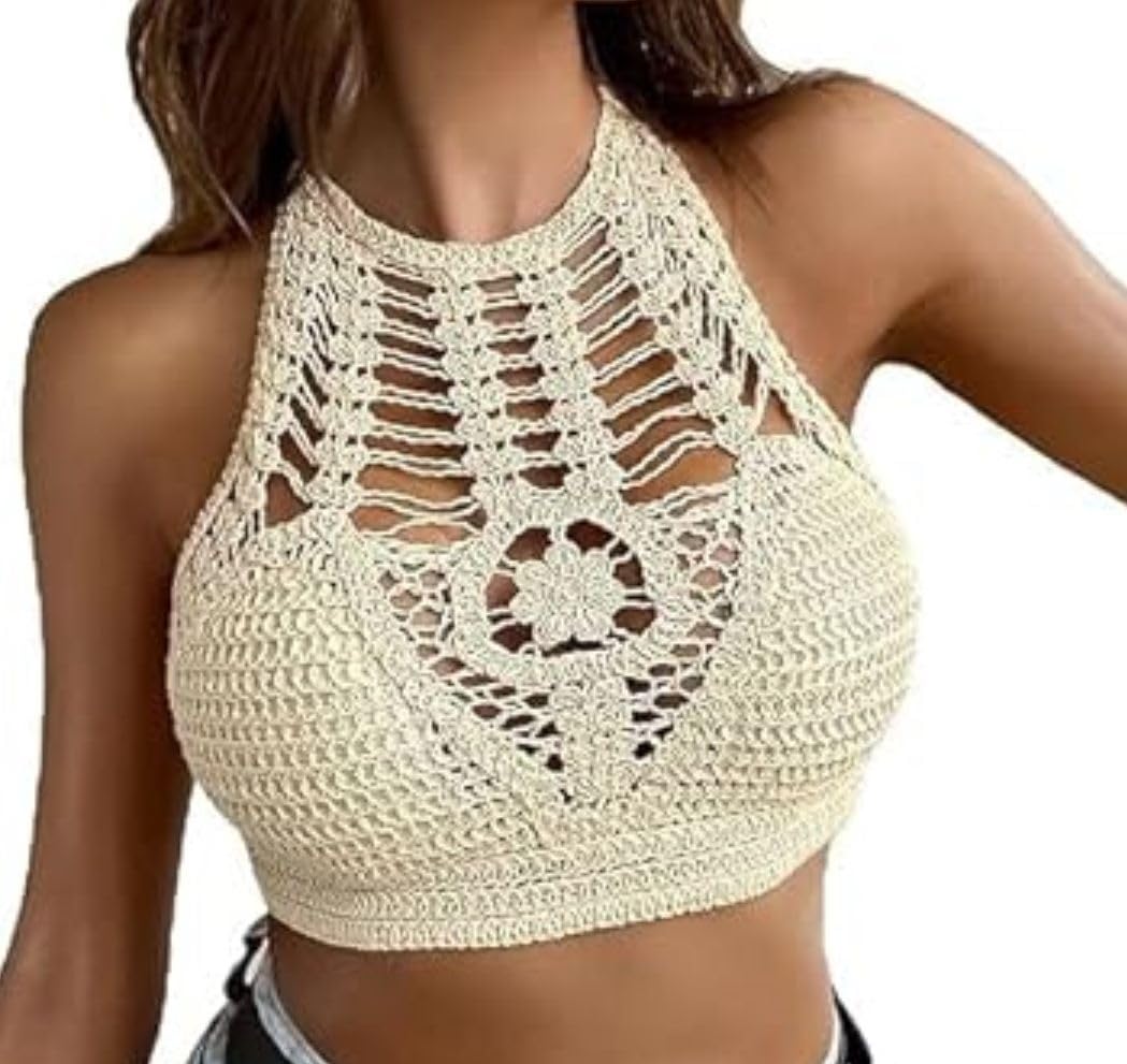 – Women's Summer Beach Backless Crochet Halter Bikini Crop Top | Boho Hollow Out Tassel Embroidered Knit Beachwear-image-8