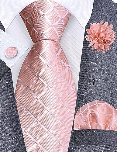 Image of GUSLESON 3.15 inch(8cm) Mens Tie and Lapel Pin Plaid Checkered Necktie Hankerchief Cufflinks Set for Men