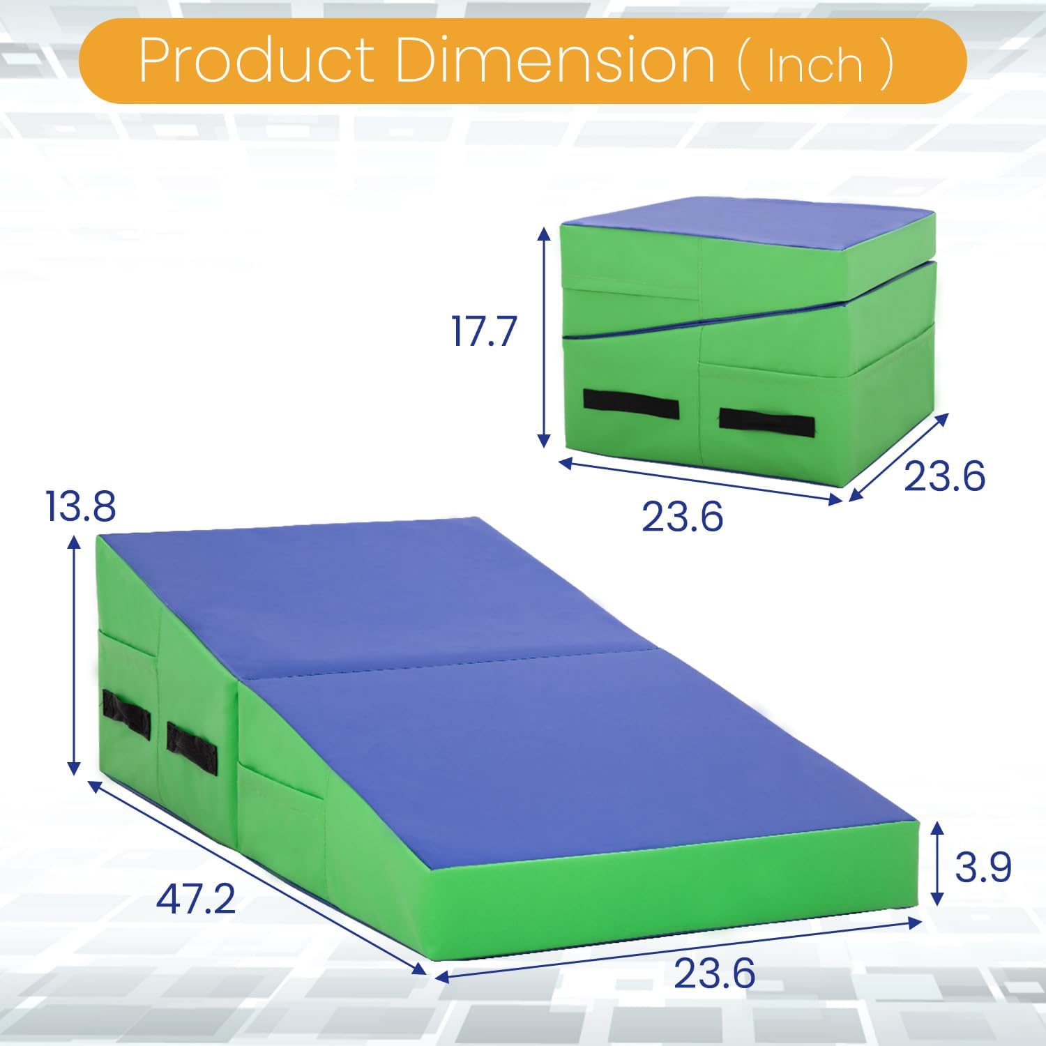 fdw gymnastics mat incline indoor/outdoor tumbling mats yoga mat for home gym folding exercise mat with non-slip surface & handles cheese wedge mat 48x24 inch blue