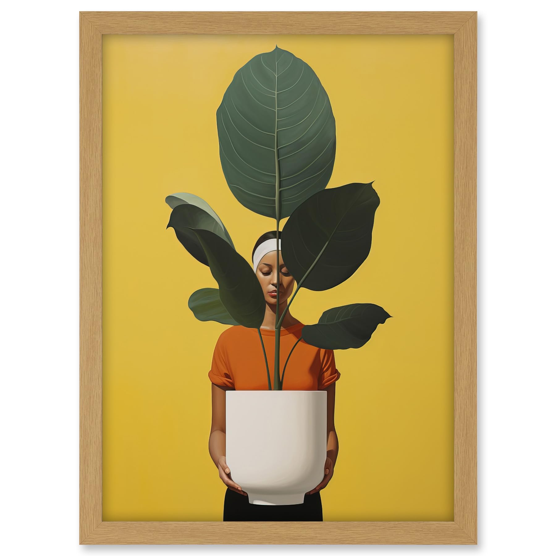 Artery8 Rubber Tree Showcase Realistic Oil Painting Yellow Orange Green Woman with Plant Pot Minimalist Artwork Framed A3 Wall Art Print