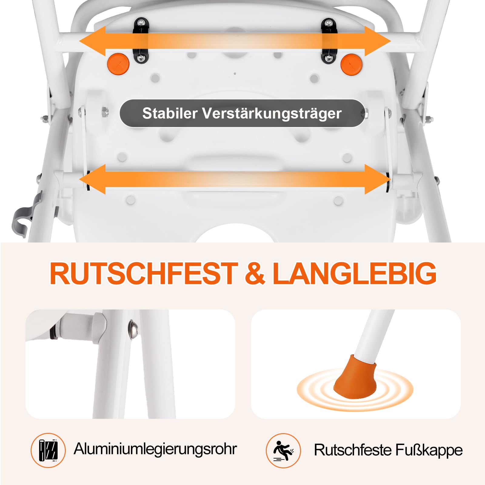Duschstuhl für Senioren, Duschhocker Klappbar Höhenverstellbar, Anti-Rutsch Duschstuhl mit Hochklappbare Armlehnen, Rückenlehne für Dusche Schwangere, Tragfähigkeit 120kg