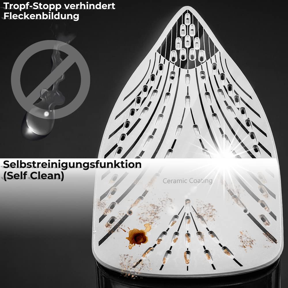 Żelazko parowe, ceramiczna, 3000 W Lehmann, funkcja Calc-Clean, 9 w 1, wysoka wydajność pary, niewielka waga, uderzenia pary, ceramiczne podeszwy do prasowania, samoczyszczenie i rozpylacz