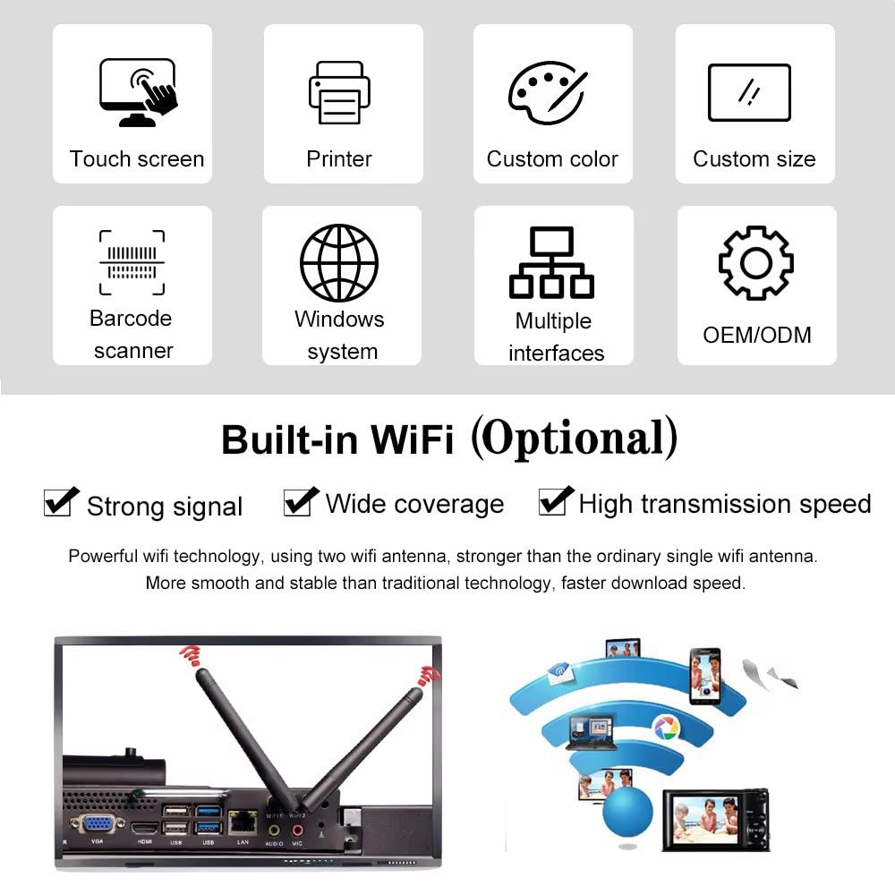 Caisse Enregistreuse Intelligente, Caisse Enregistreuse Pos avec 15.6" Double écran Tactile, Imprimante 58mm Intégrée, 8 Go de RAM, SSD 128 Go, Système Caisses Pos pour Petites Entreprises