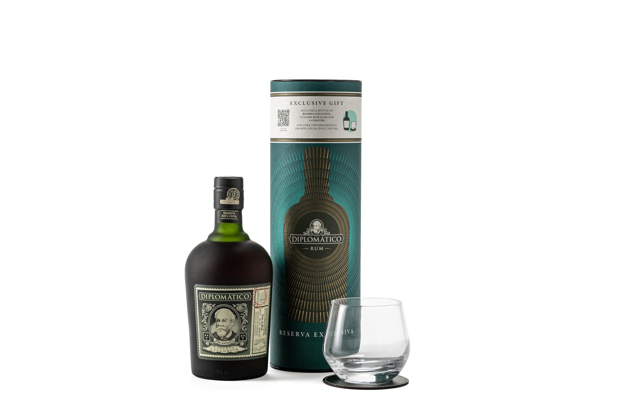 Ron Diplomático Reserva Exclusiva estuche + Vaso + Posa vaso para regalo, 40% Volumen de Alcohol, 70 cl
