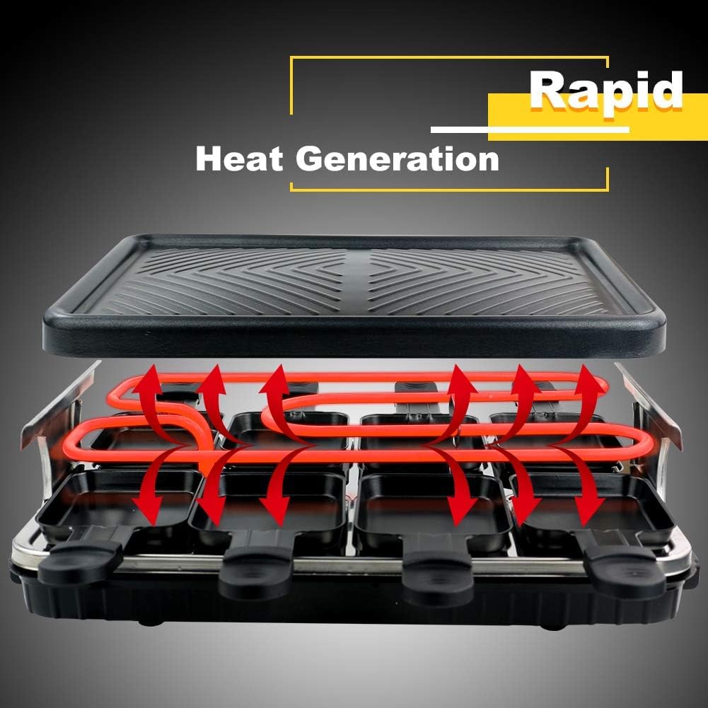 Máquina de parrilla interior para 8 personas 8 mini sartenes antiadherentes para raclette platos de queso cocina fiesta cocina cocina salud parrilla eléctrica sin humo 1 sartén para bistec 4 espátula