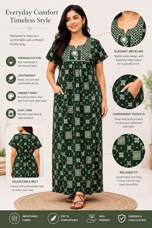 Image of Women's Pure Cotton Floral Maxi Nighty, Frock Style Short Sleeve Full Length Night Gown with Adjustable Belt, Comfortable Sleepwear, Pack of 2