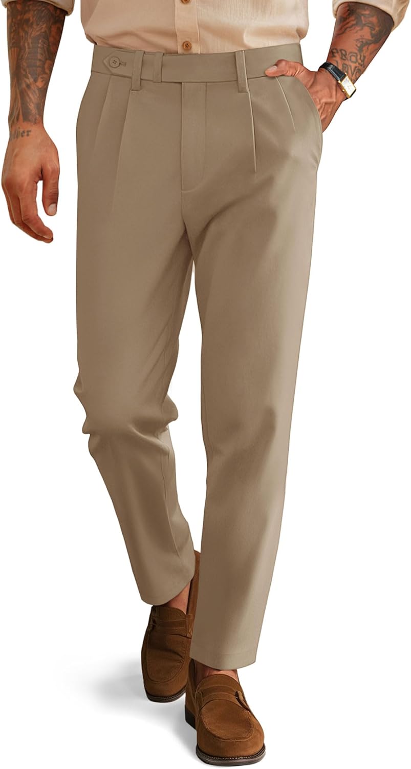 PJ PAUL JONES Mens Dress Pants Vintage Pleated Tapered Trousers Extended Waist Dress Pant Casual Slacks