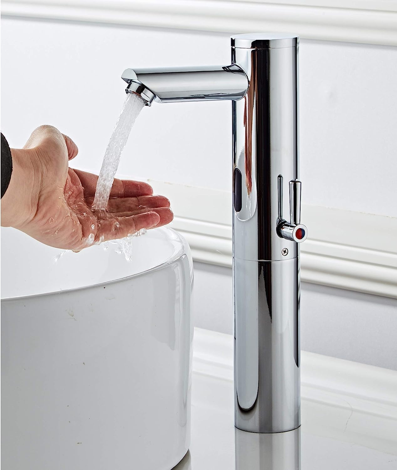 Rubinetto Bagno con Sensore Automatico A Infrarossi Senza Contactless Rubinetto per Bagno Rubinetteria Lavandino, Corpo Alto Moderno Miscelatore Ottone Cromato