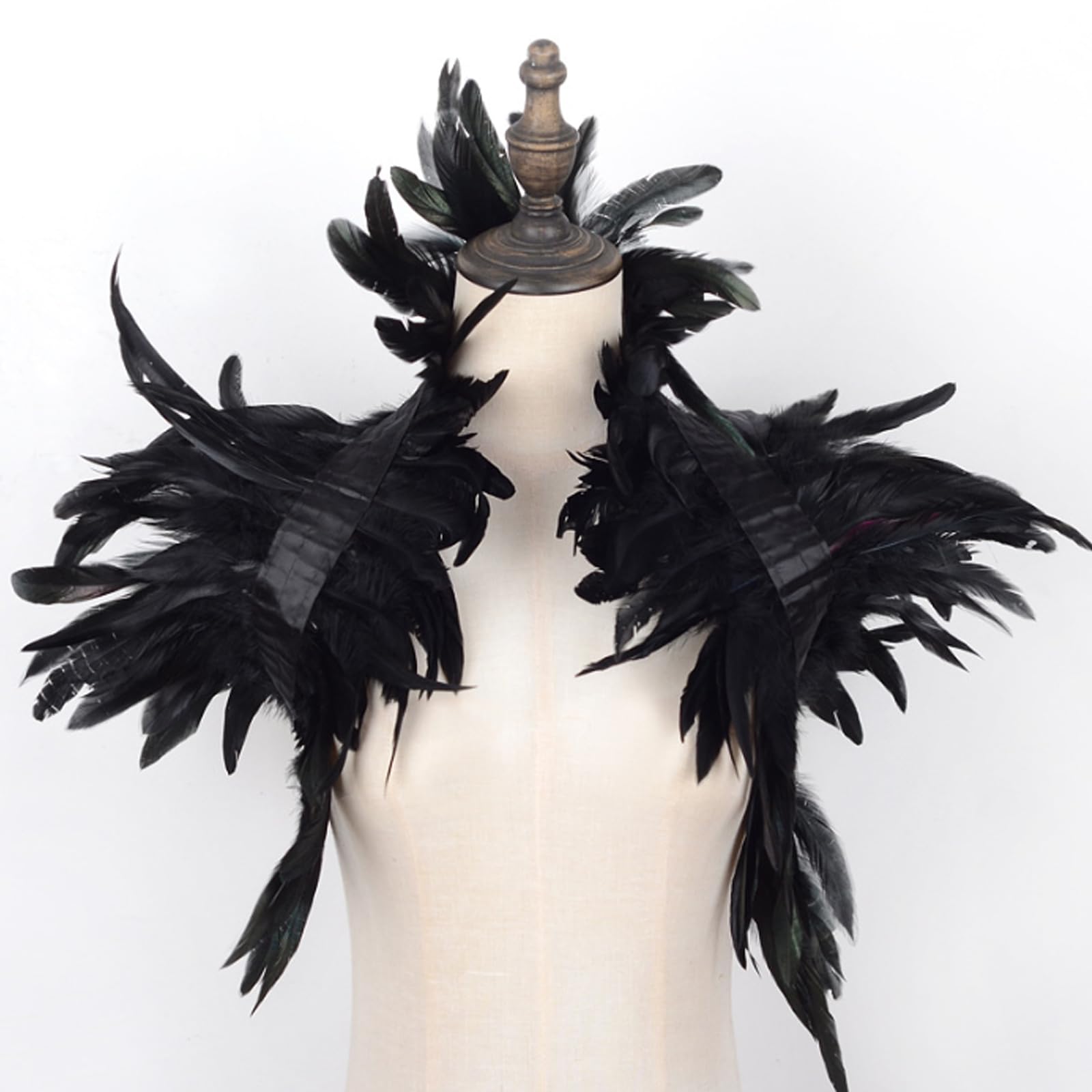 MUNSKT Halloween Carnival Outfits Women Natural Feather Cape with Wristband Costume Gothic Lacing Shawl Shrug Collar Feather Cape for Halloween Cosplay Christmas Party Gift (Black) - Image 4