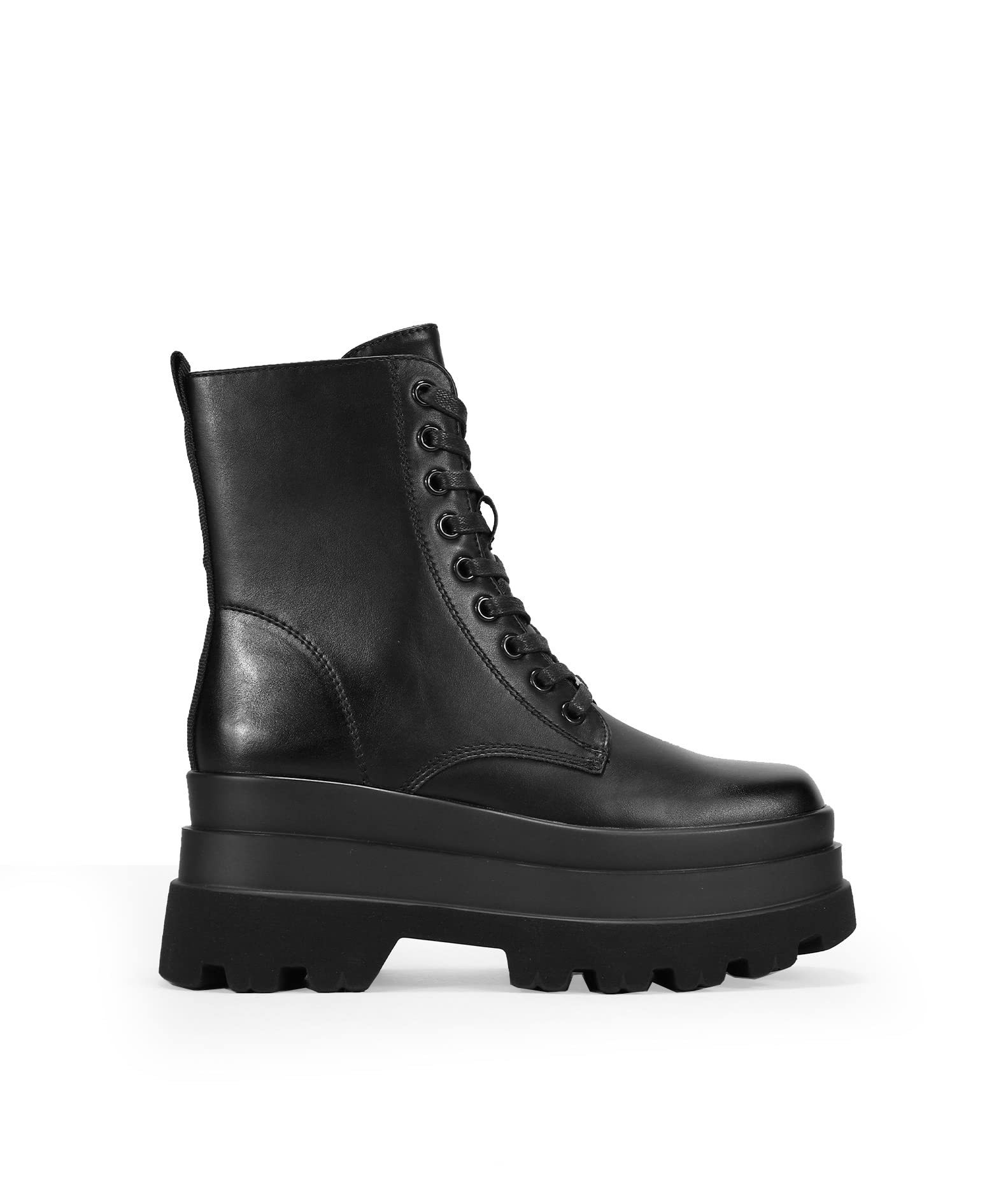 BOSANOVA Botines Militares confeccionados en Piel Vegana con Doble Plataforma y Suela Track. Cierre con Cremallera y Cordones. Calzado para Mujer