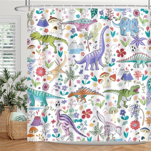 Image of Dinosaur Shower Curtain Cartoon Funny Dino for Kids Boys Trex Mushroom Plant Leaf Flowers Colorful Bathroom Decor Waterproof Polyester Fabric 72Lx72W Inch with Hooks
