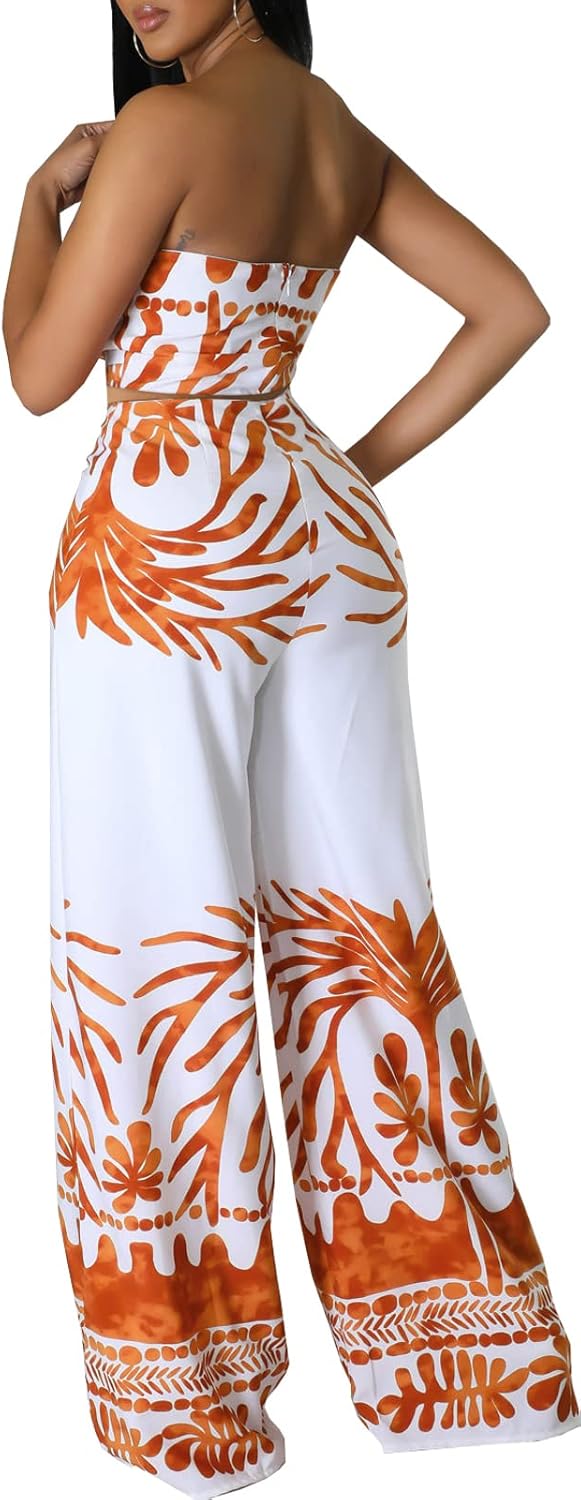 Casual Two Piece Sets for Women Elegant Off The Shoulder Tube Top Long Straight Pants Vacation Outfits Beach - Image 2