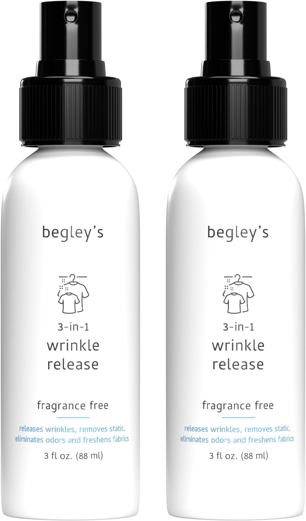 Begley's 3-in-1 Wrinkle Remover, Quick Fix Wrinkle Release, Static Cling Remover, Odor Eliminator and Fabric Refresher Spray - USDA Certified Biobased - Fragrance-Free, 3 oz Travel Size