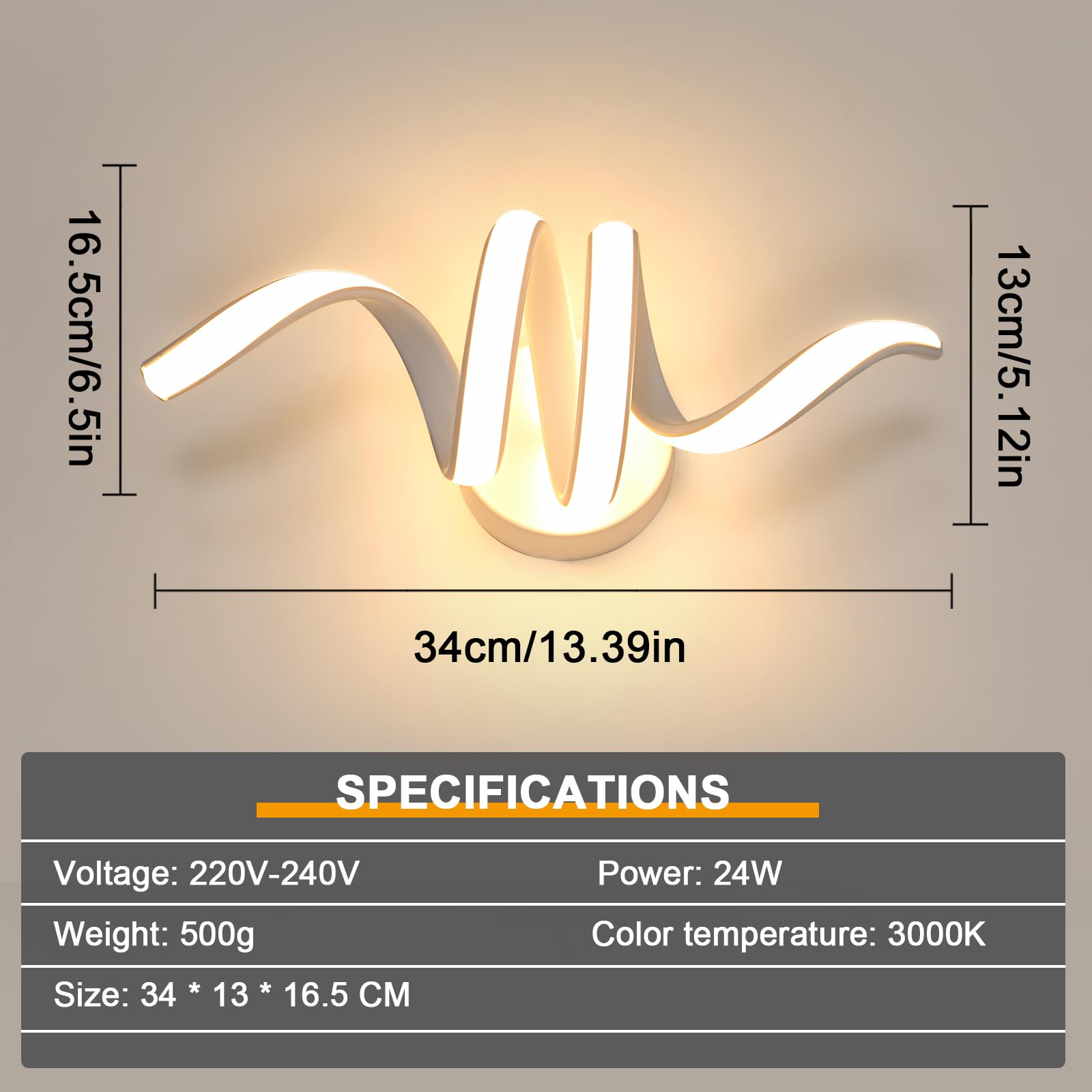 Goeco Applique da Parete Interno, 24W 2700LM 35 CM Lampada da Parete a Spirale in Acrilico 3000K Luce Bianco Calda, Applique LED a Muro Moderna per Camera Letto Soggiorno Corridoio, Bianco