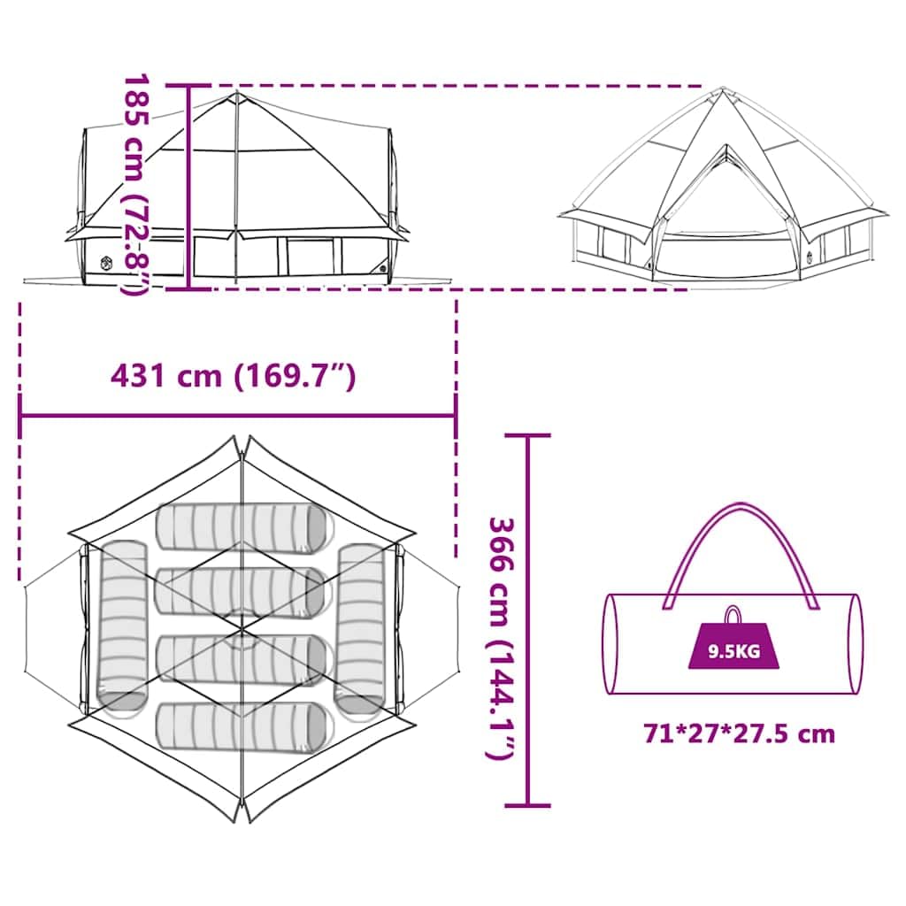 vidaXL Teepee Zelt für 6 Personen Grün und Weiß 431 x 366 x 185 cm, Garten und Terrasse, tragbares Zelt, wasserdicht, modernes Teepee für Outdoor-Abenteuer