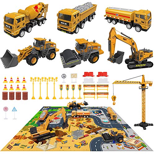 heruo Construction Vehicles Toys with Play Mat 27.5 x 31.5 in, 40 PCS Engineering Vehicles Playset 7 Big Engineer Vehicles Dump Truck Excavator Crane, Toy Gifts for Boys Girls Toddlers and Kids