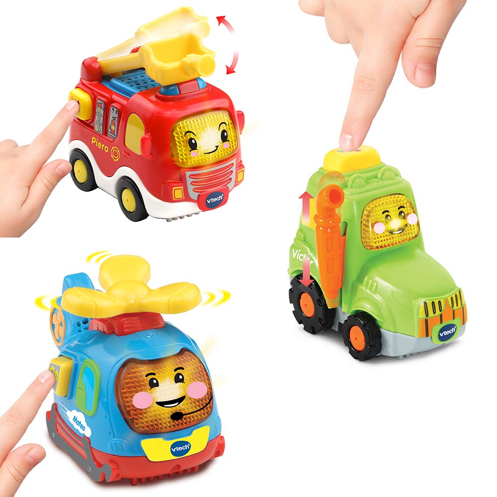 VTech - TutTut Bólidos Pack de 3 Coches con botón Sorpresa, Piero el camión de Bomberos, Víctor el Tractor y Mateo el helicóptero