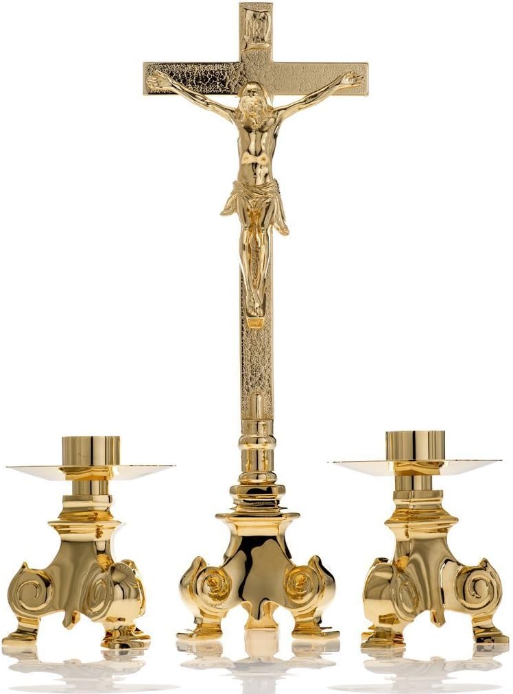 Altar set, crucifix and candle holders