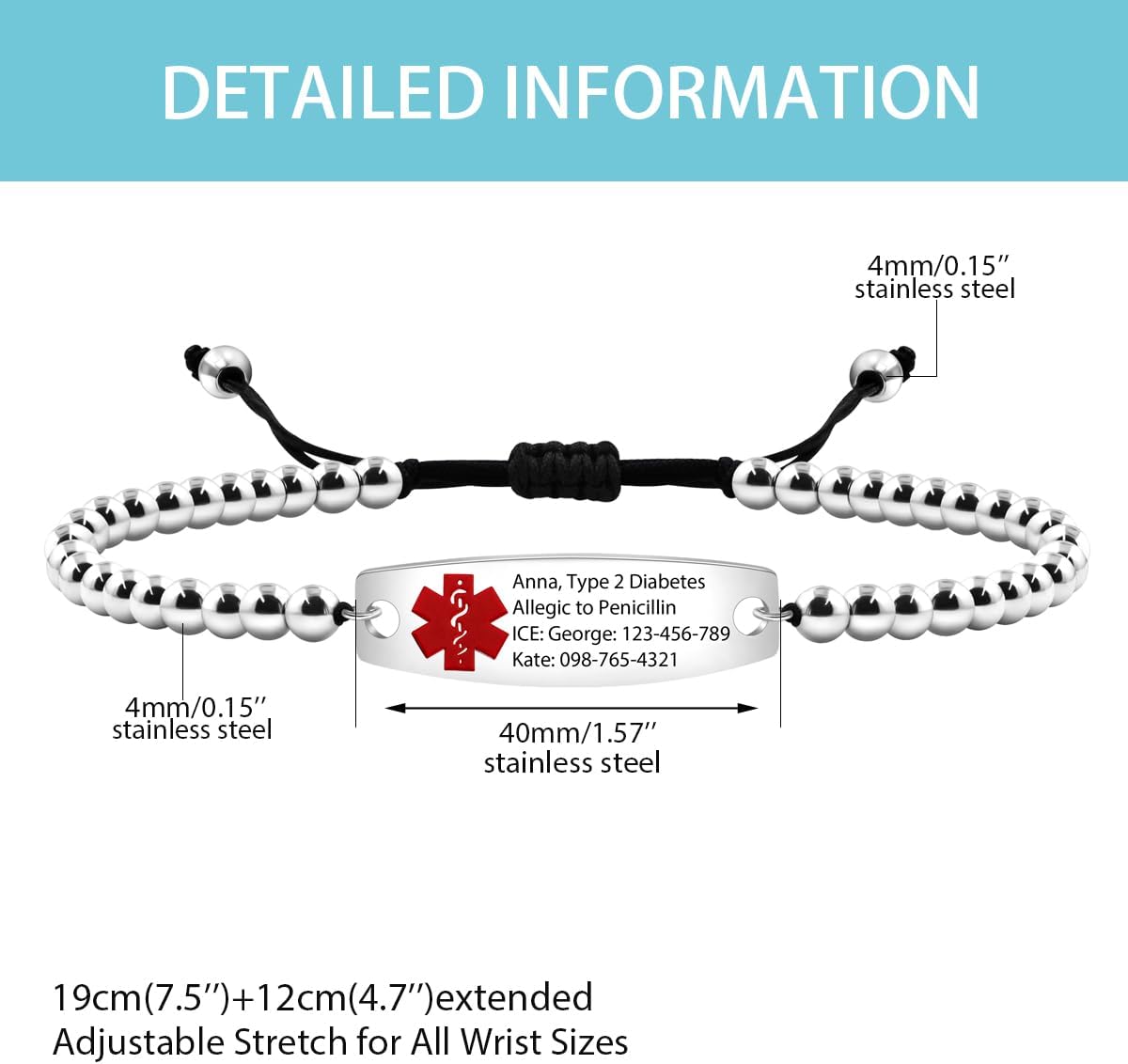 Uloveido Medical Alert ID Bracelet Laser Engraved Epilepsy Adjustable Wristband for Women Emergency First Aid, 4mm Stainless Steel Beads Engraved Health Alert Bracelet for Women Girls Y4301 - Image 7