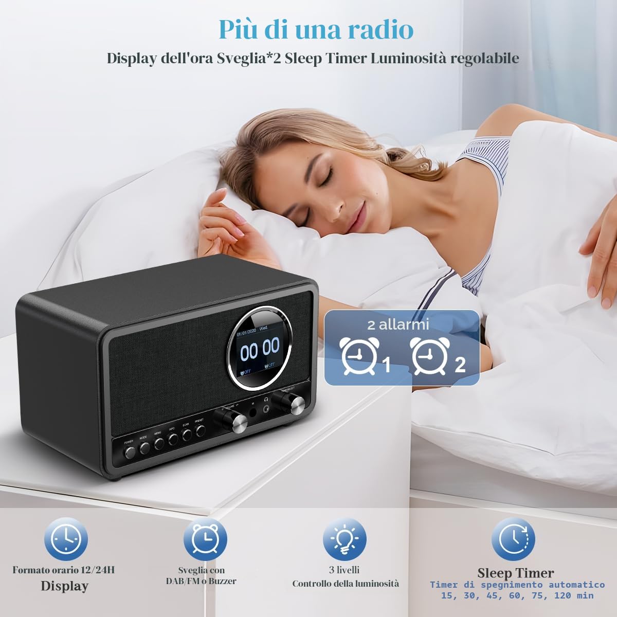 Radio Digitale DAB+/FM Bluetooth con Telecomando e Allarme Doppio, USB/AUX, 30 Stazioni