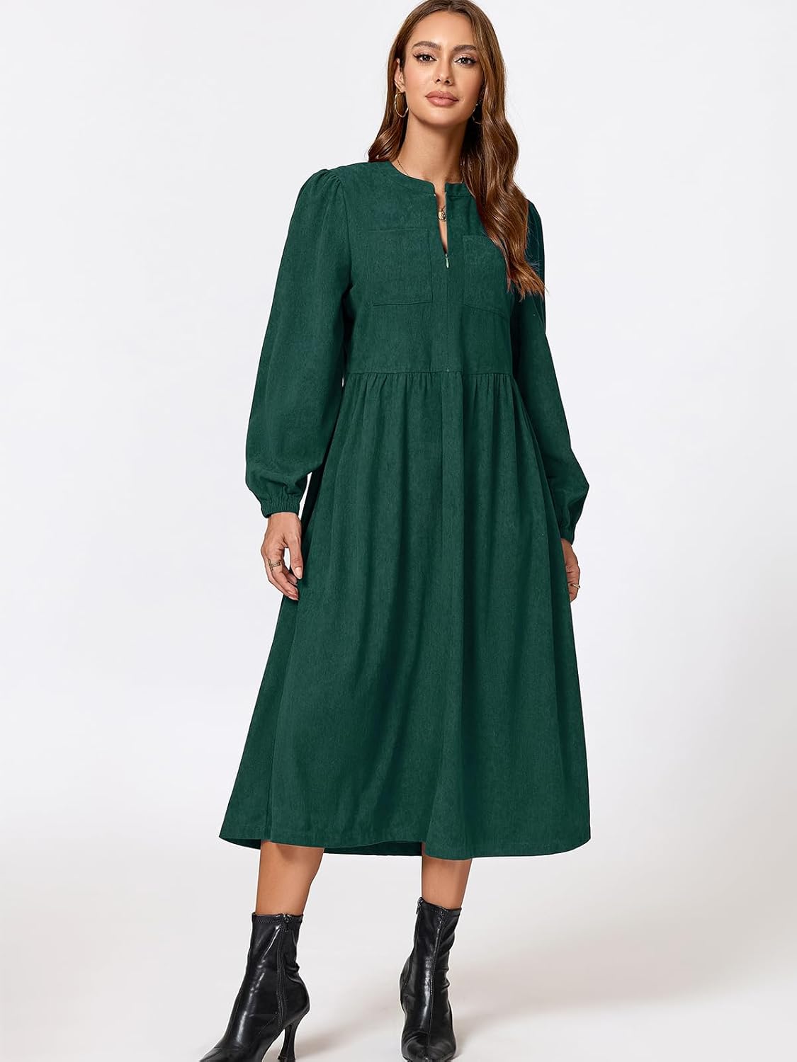 Corduroy Dress Women Long Puff Sleeve Zip Up Vintage Fall Winter Midi Dress with Belt - Image 2
