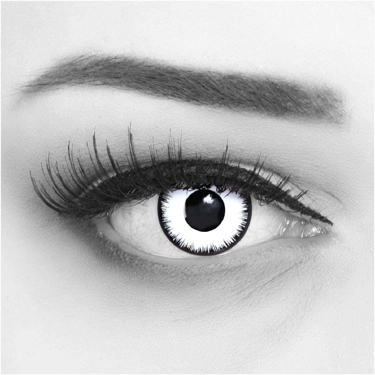 Lentillas de color blancas negro Lunatic 1 par. Cómodas y perfectas para carnaval de Halloween, cosplay de anime, blandas, sin dioptrías + recipiente de lentillas, sin graduación