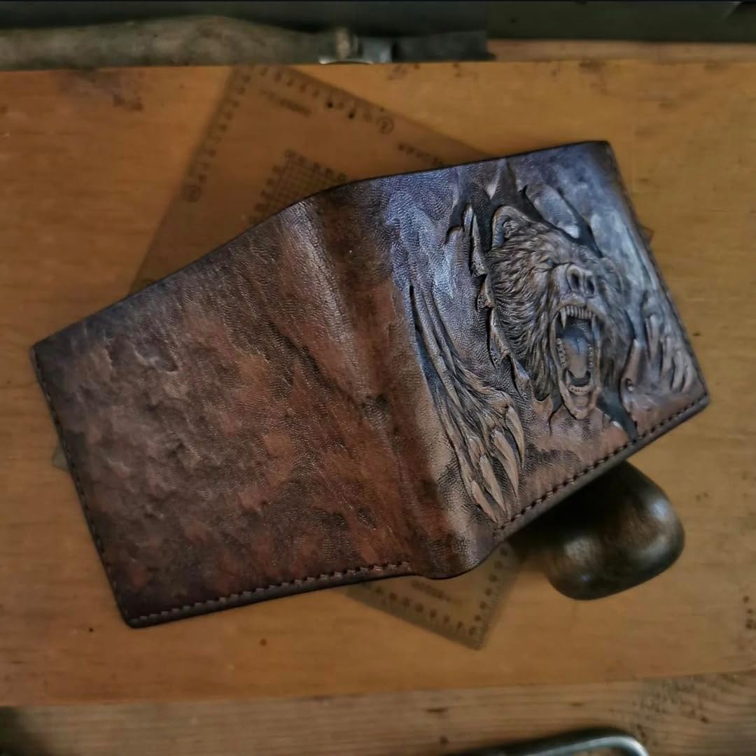Grizzly, Bear, Forest, Hunter, Hunting, Men's 3D Genuine Leather Wallet, Handmade wallet, Carved wallet, Tooled wallet, Airbrush Art, Bifold wallet, Custom wallet, Personalized wallet, A(30)