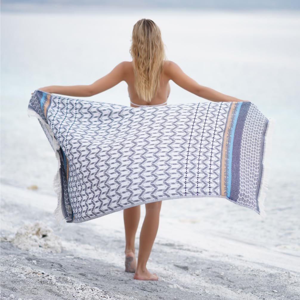 BAGNO MILANO Beach Towels Organic Turkish Cotton Soft, Quick Dry Oversized Turkish Towel Throw Blanket for Beach, Yoga, Spa, Pool (Beach Towel, Myra
