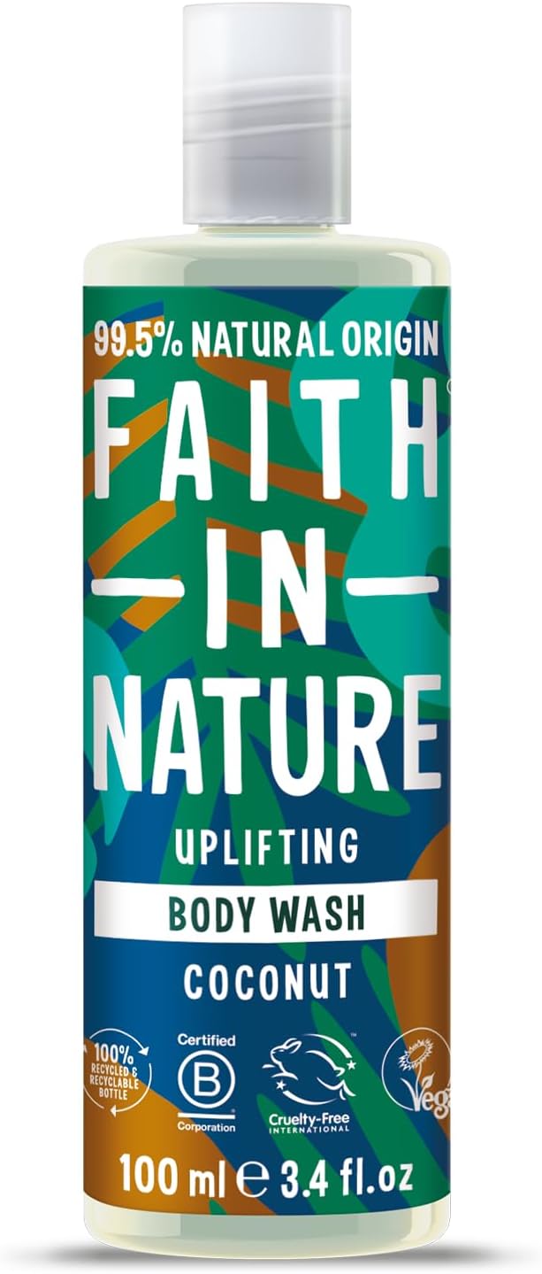 Faith In Nature 100ml Travel Size Coconut Body Wash, Uplifting Shower Gel, Vegan & Cruelty Free, No SLS or Parabens, Travel Size