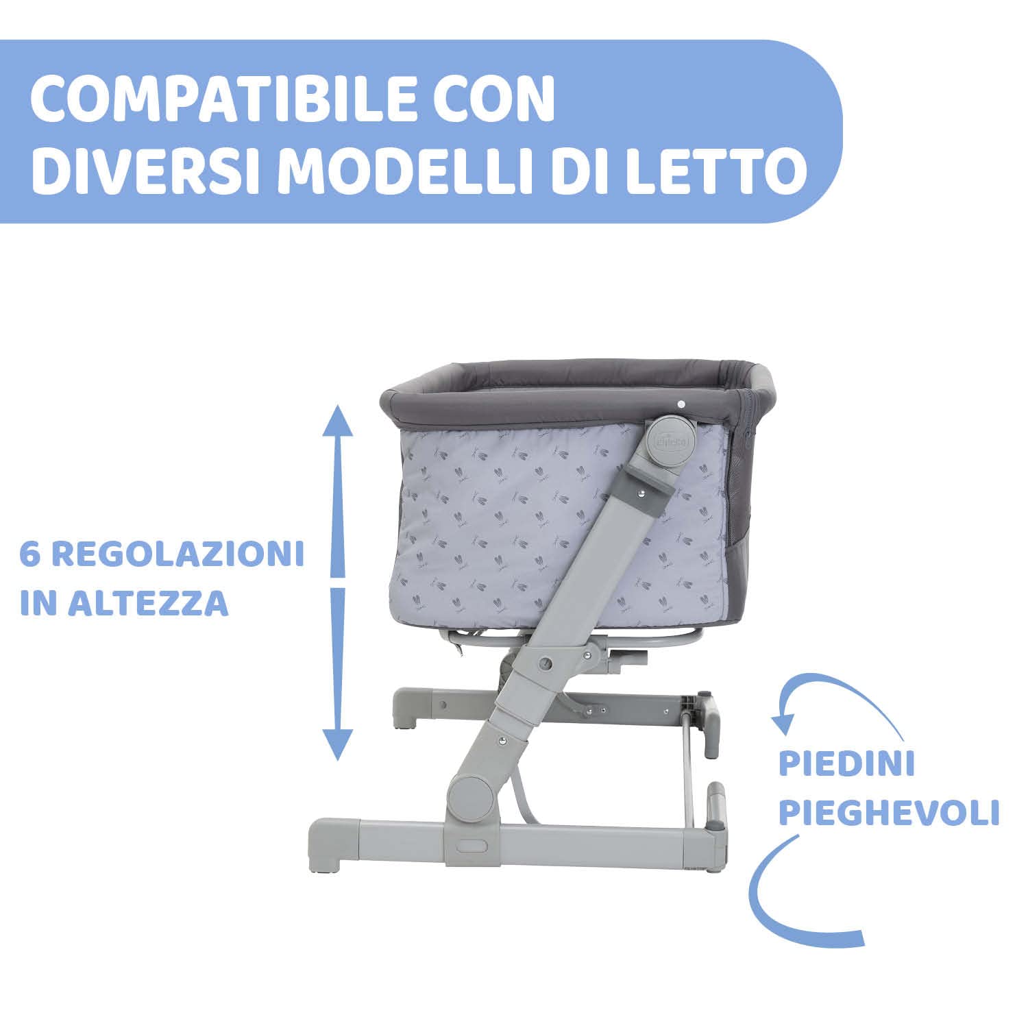 Chicco Next2Me Go Culla Neonato Fianco Letto, Compatibile con Diversi Letti, Altezza Regolabile, Buona Circolazione dell'Aria, culla da viaggio, lettino da viaggio, pieghevole, Grigio scuro