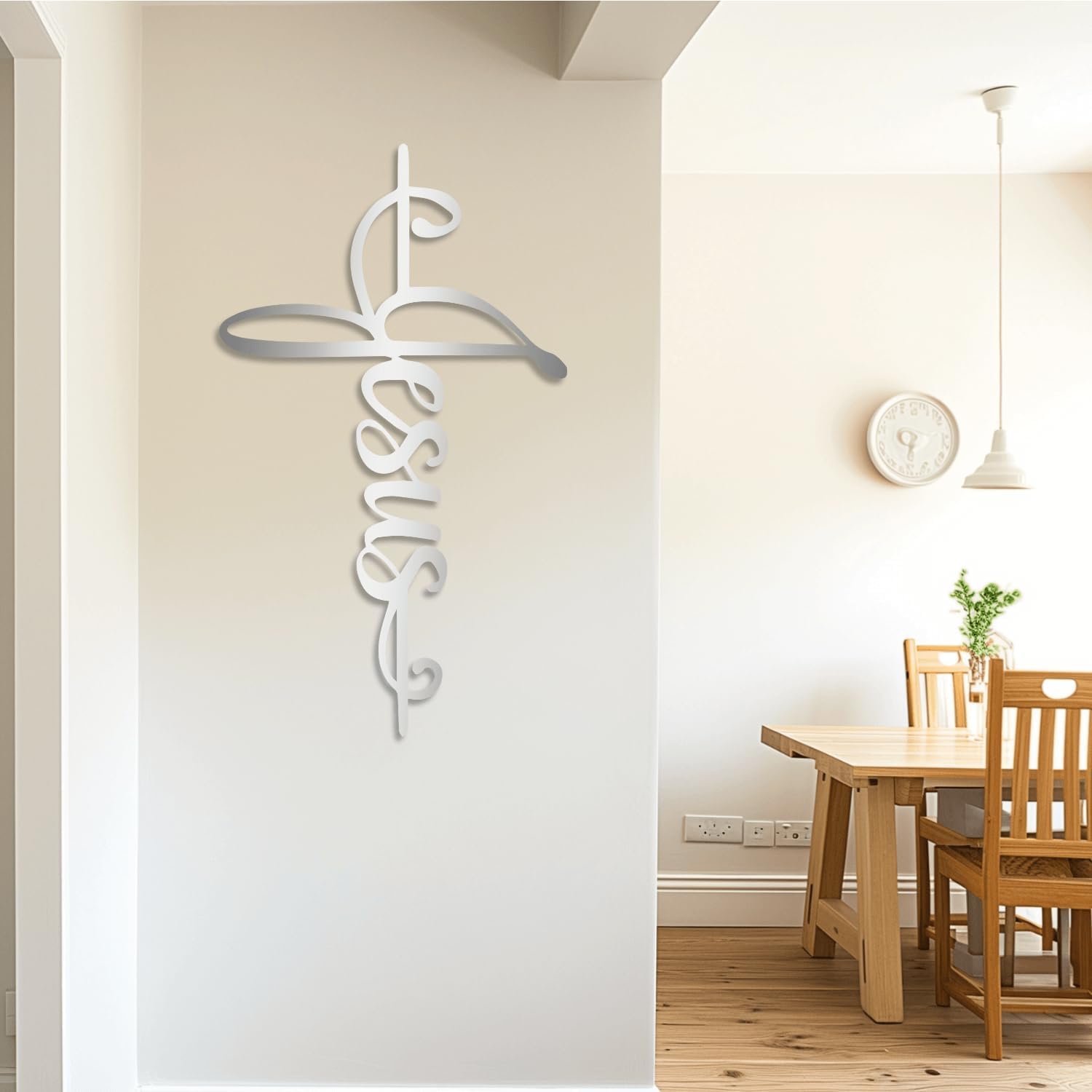 XXQ Letrero de pared de Jesús, cruz de metal, decoración espiritual de metal grande para el hogar, cruz colgante religiosa, decoración de pared de metal para sala de estar y dormitorio (plata, 51 x 76